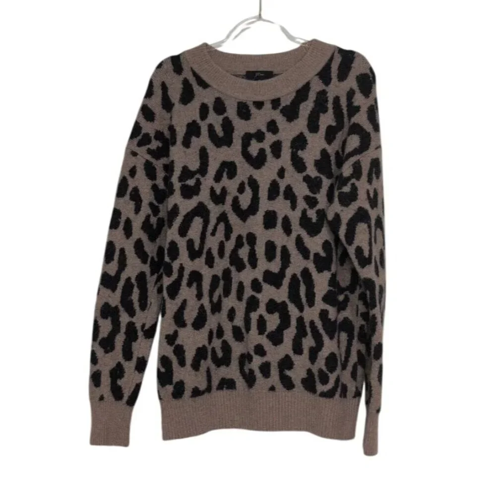 J Crew Leopard Sweater Womens Size Medium Beige Merino Wool Blend Crew Neck